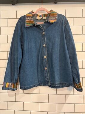 Denim Jean Jacket with Multicolor Tribal Trim - Blue